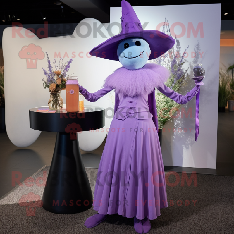 Lavender Witch'S Hat mascot costume character dressed with a Cocktail Dress and Suspenders