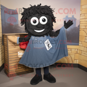 Black Lasagna mascot costume character dressed with a Denim Shirt and Shawls