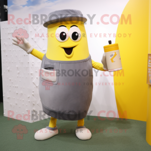 Gray Bottle Of Mustard mascot costume character dressed with a Shorts and Clutch bags