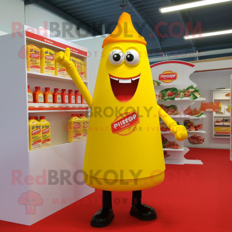 Lemon Yellow Bottle Of Ketchup mascot costume character dressed with a Playsuit and Cufflinks