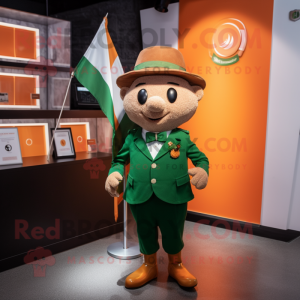 Rust Irish Flag mascot costume character dressed with a Suit and Coin purses