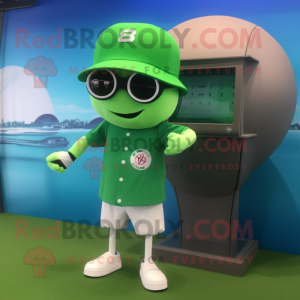 Green Baseball Ball mascot costume character dressed with a One-Piece Swimsuit and Digital watches