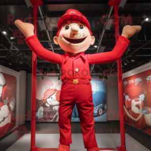 Red Trapeze Artist mascot costume character dressed with a Henley Tee and Berets