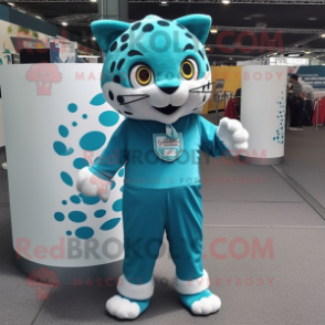 Cyan Jaguar mascot costume character dressed with a Culottes and Headbands