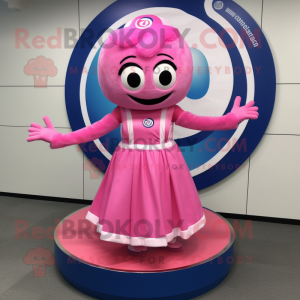 Pink Momentum mascot costume character dressed with a Circle Skirt and Bracelets