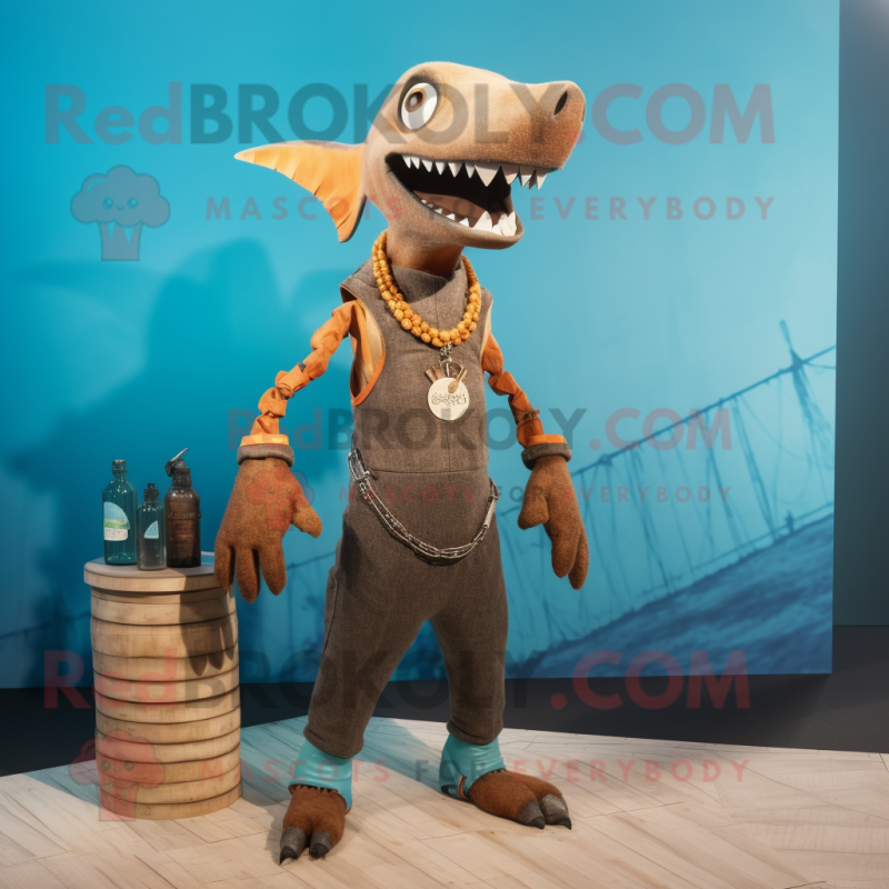 Rust Swordfish mascot costume character dressed with a Tank Top and Necklaces