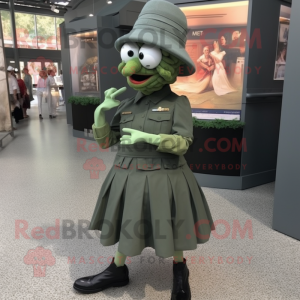 Gray Green Beret mascot costume character dressed with a Pleated Skirt and Shoe clips