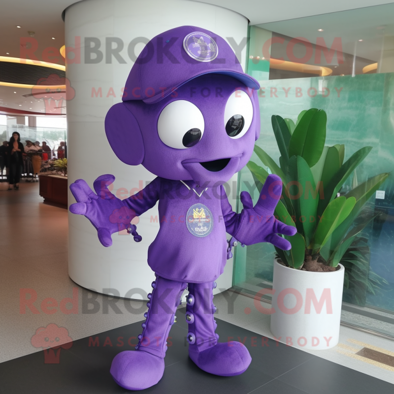 Purple Octopus mascot costume character dressed with a Polo Tee and Lapel pins