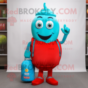Turquoise Bottle Of Ketchup mascot costume character dressed with a Skinny Jeans and Handbags