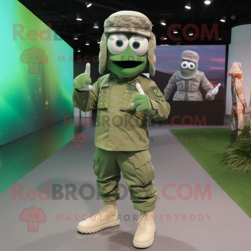 Silver Green Beret mascot costume character dressed with a Jacket and Shoe laces