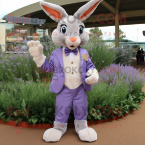 Lavender Wild Rabbit mascot costume character dressed with a Suit and Cufflinks