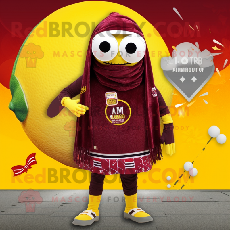 Maroon Lemon mascot costume character dressed with a Swimwear and Scarves