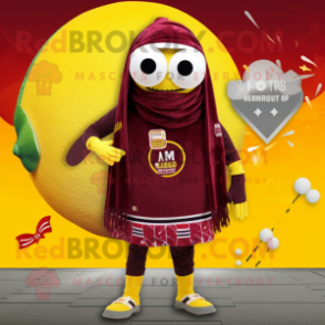 Maroon Lemon mascot costume character dressed with a Swimwear and Scarves