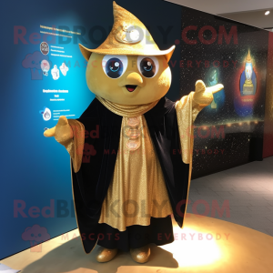 Gold Magician mascot costume character dressed with a Cardigan and Shawls