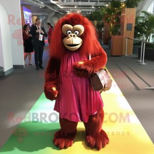 Maroon Orangutan mascot costume character dressed with a Evening Gown and Backpacks