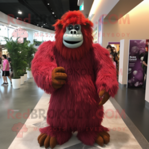 Maroon Orangutan mascot costume character dressed with a Evening Gown and Backpacks