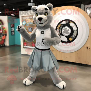 Silver Mountain Lion mascot costume character dressed with a Circle Skirt and Shoe clips