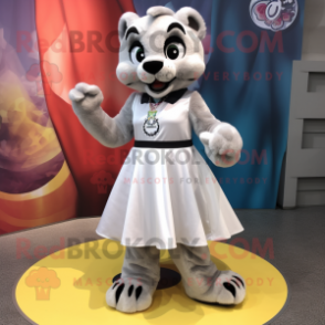 Silver Mountain Lion mascot costume character dressed with a Circle Skirt and Shoe clips