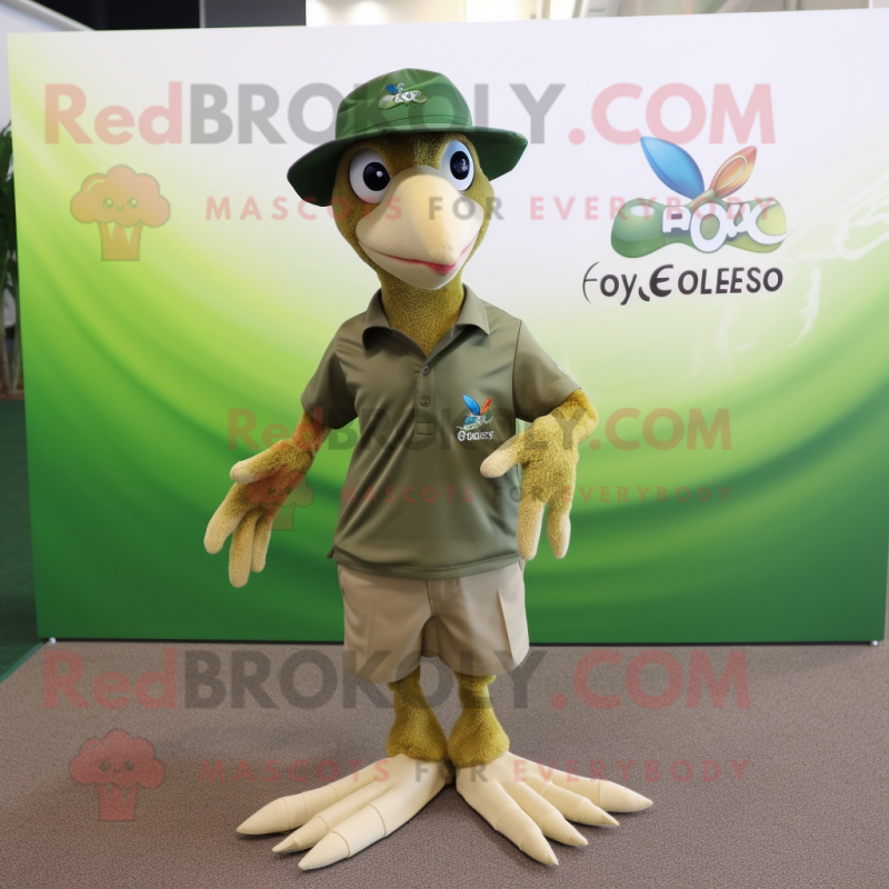 Olive Archeopteryx mascot costume character dressed with a Polo Tee and Hat pins