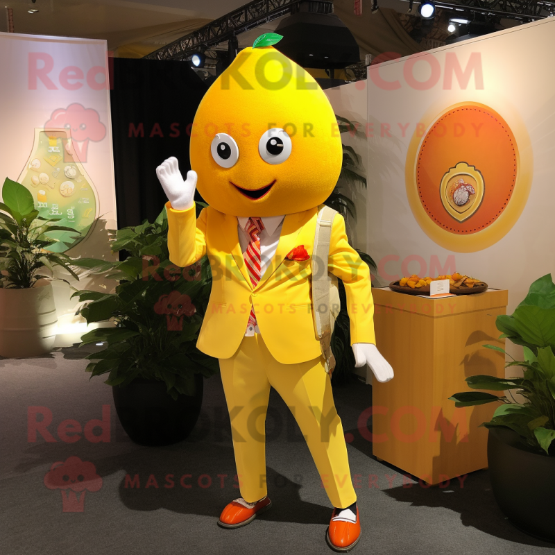 Lemon Yellow Grapefruit mascot costume character dressed with a Blazer and Lapel pins