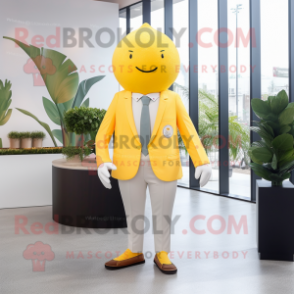 Lemon Yellow Grapefruit mascot costume character dressed with a Blazer and Lapel pins