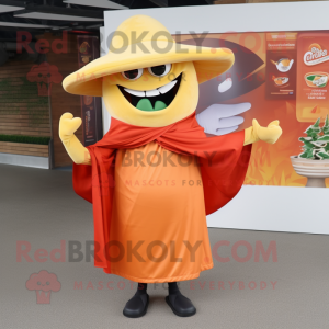 Orange Fajitas mascot costume character dressed with a Wrap Dress and Tie pins