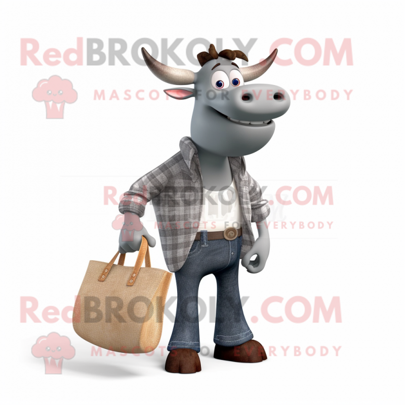 Gray Zebu mascot costume character dressed with a Boyfriend Jeans and Tote bags