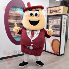 Maroon Bagels mascot costume character dressed with a Waistcoat and Watches