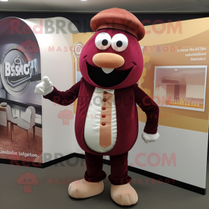 Maroon Bagels mascot costume character dressed with a Waistcoat and Watches