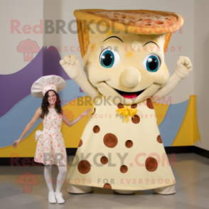 Cream Pizza Slice mascot costume character dressed with a Mini Dress and Anklets