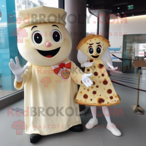 Cream Pizza Slice mascot costume character dressed with a Mini Dress and Anklets