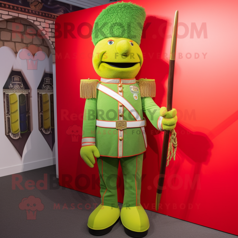 Lime Green British Royal Guard mascot costume character dressed with a Corduroy Pants and Shoe laces