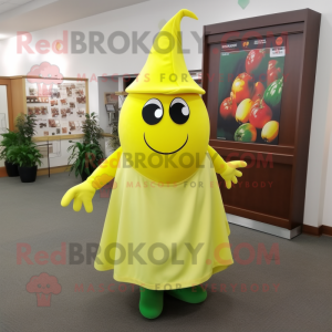 Lemon Yellow Pepper mascot costume character dressed with a Wrap Dress and Hats
