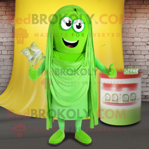 Lime Green Pesto Pasta mascot costume character dressed with a Mom Jeans and Shawl pins