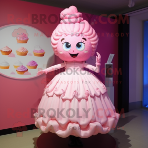Pink Cupcake mascot costume character dressed with a Wedding Dress and Hairpins
