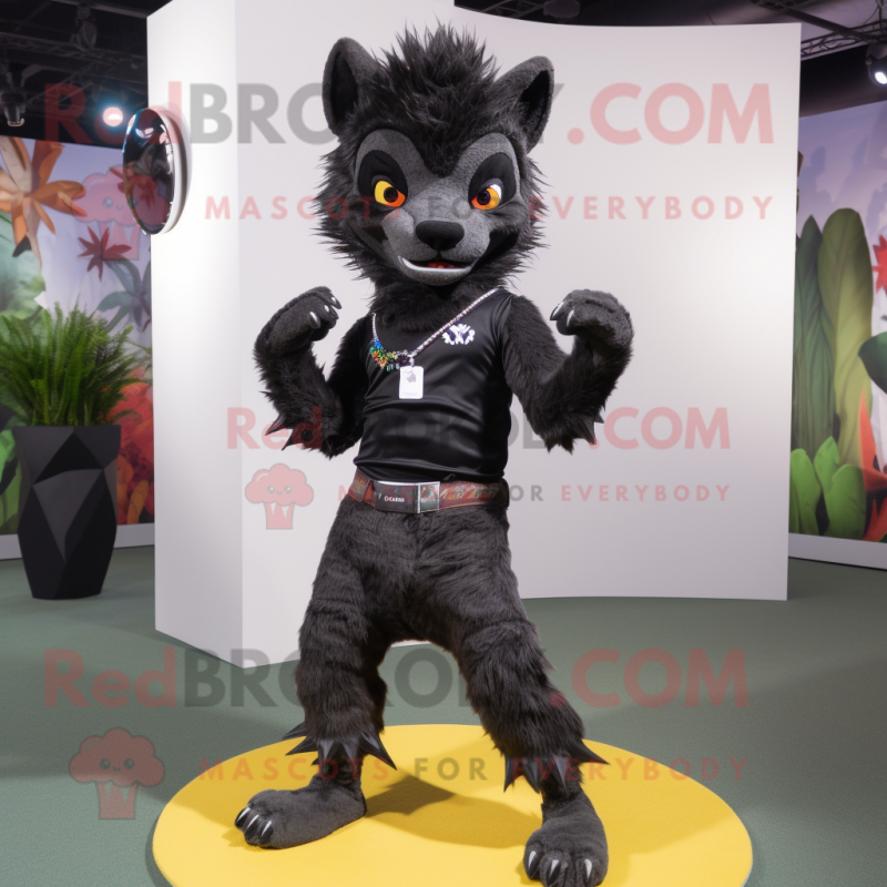 Black Hyena mascot costume character dressed with a Yoga Pants and Pocket squares