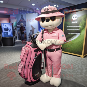 Pink Golf Bag mascot costume character dressed with a Bomber Jacket and Briefcases