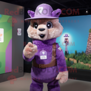 Purple Llama mascot costume character dressed with a Overalls and Hat pins