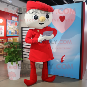 Red Love Letter mascot costume character dressed with a Mom Jeans and Lapel pins