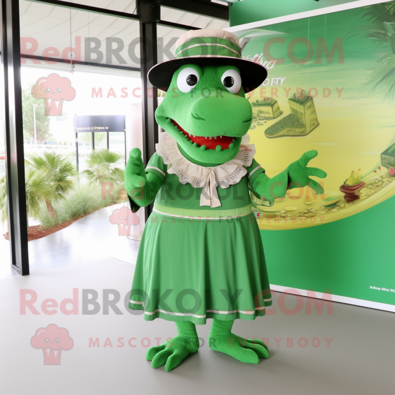 Green Crocodile mascot costume character dressed with a A-Line Skirt and Hats