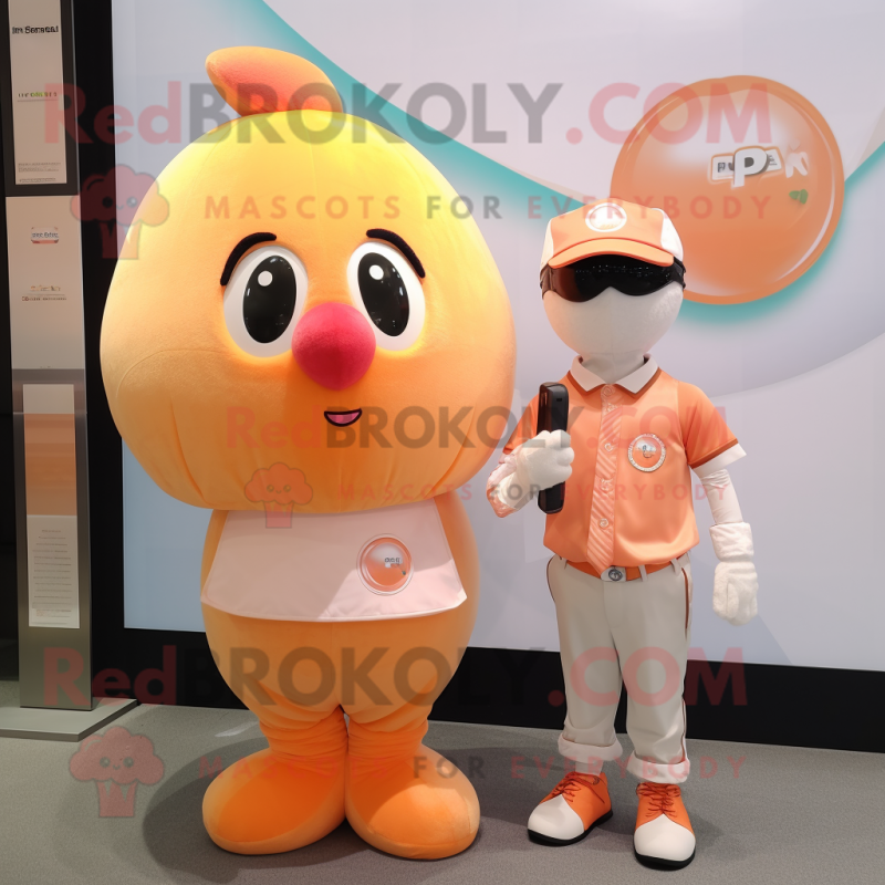 Peach Ice mascot costume character dressed with a Polo Tee and Smartwatches