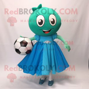 Teal Soccer Ball mascot costume character dressed with a Wrap Skirt and Clutch bags