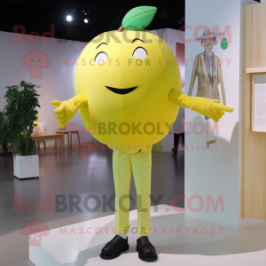 Lemon Yellow Apple mascot costume character dressed with a Dress Shirt and Hairpins