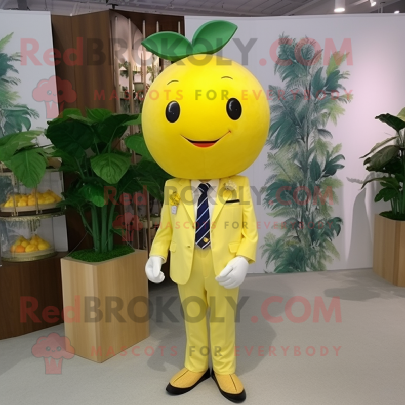 Lemon Yellow Apple mascot costume character dressed with a Dress Shirt and Hairpins