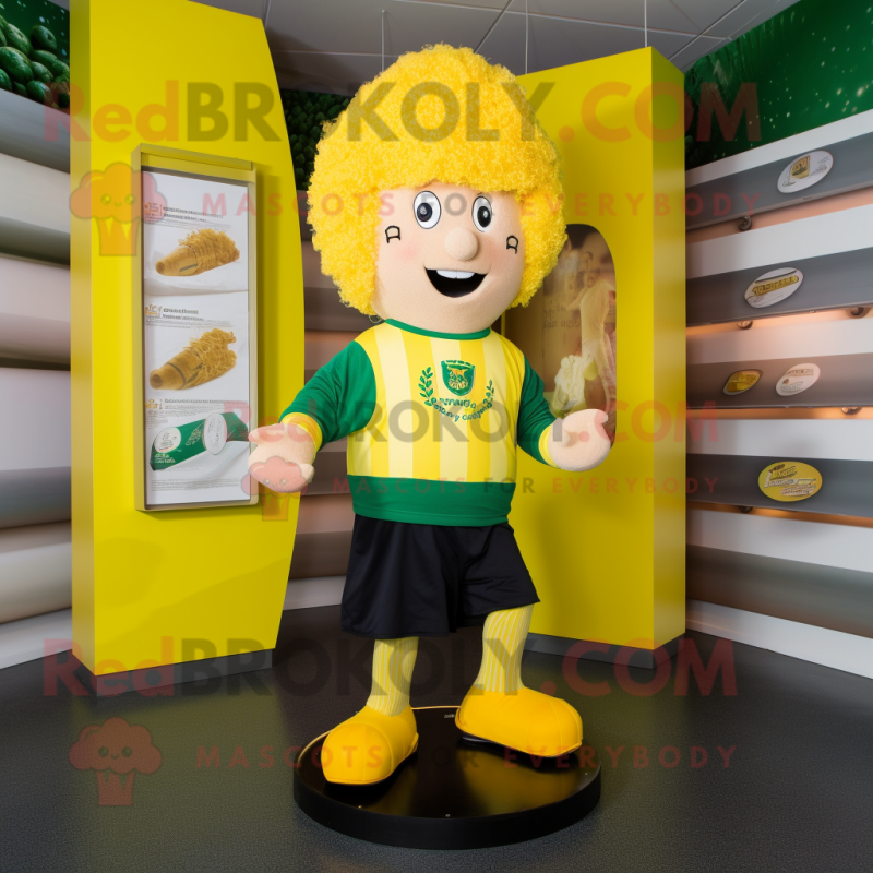 Lemon Yellow Irish Dancing Shoes mascot costume character dressed with a Rugby Shirt and Hat pins