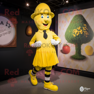 Lemon Yellow Irish Dancing Shoes mascot costume character dressed with a Rugby Shirt and Hat pins