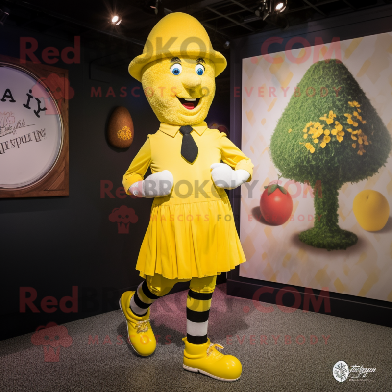 Lemon Yellow Irish Dancing Shoes mascot costume character dressed with a Rugby Shirt and Hat pins