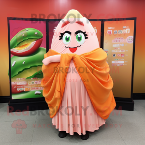 Peach Sushi mascot costume character dressed with a Pleated Skirt and Shawl pins