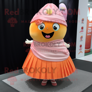 Peach Sushi mascot costume character dressed with a Pleated Skirt and Shawl pins