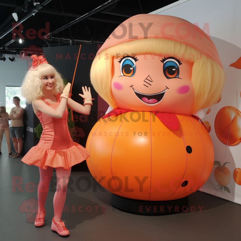 Peach Trapeze Artist mascot costume character dressed with a Playsuit and Cummerbunds